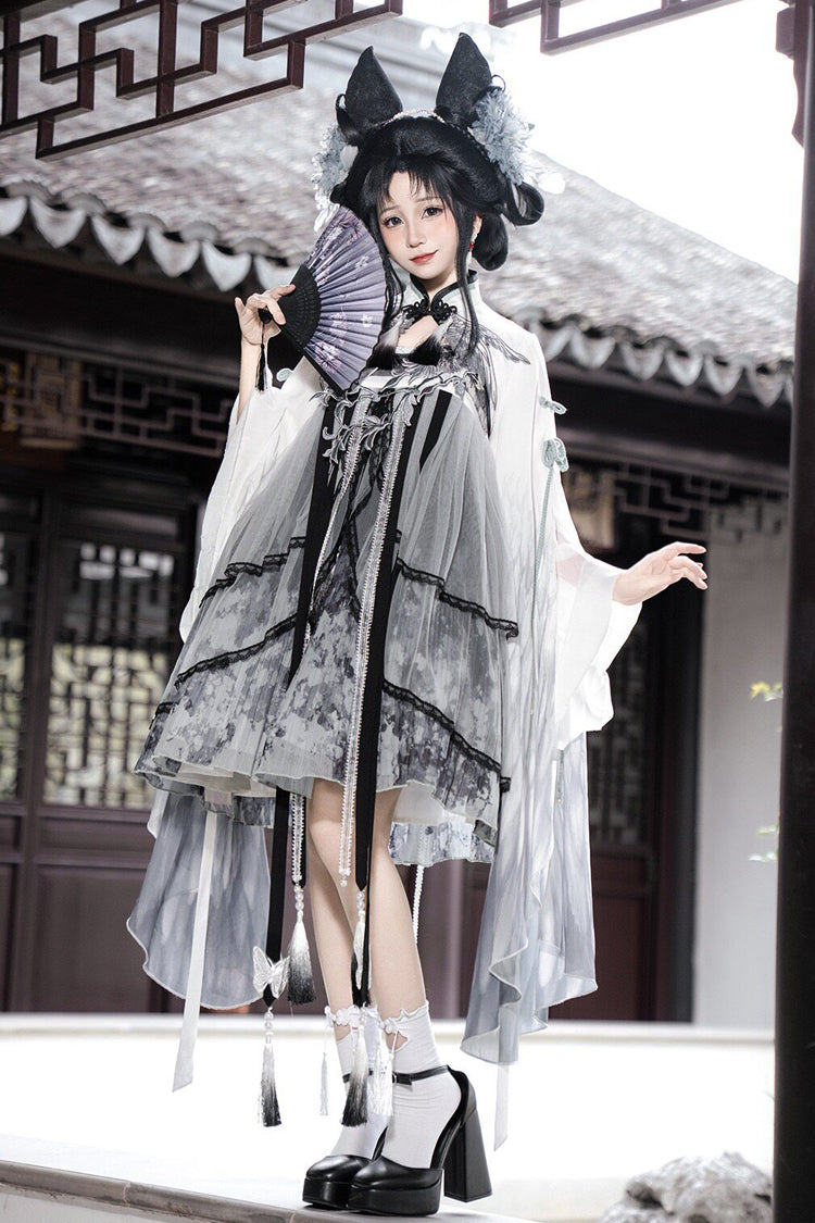 Black/White [Magpie Feather] High Waisted Printed Women's Classic Chinese Style Hanfu Dress Set