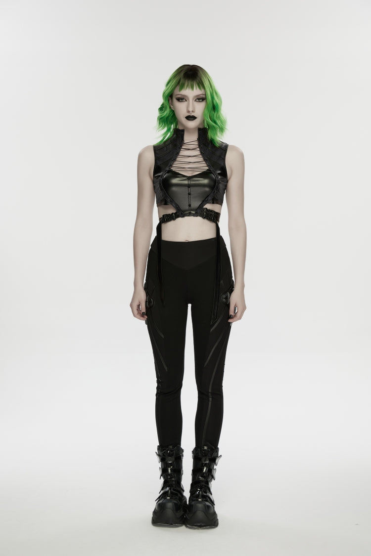 Black Slim Women's Punk Armor-Accentuated Paneled  Leggings