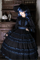 Wings and Bouquet - Dark Classic Lolita Blouse and SK Set, Layered Blue Ruffles
