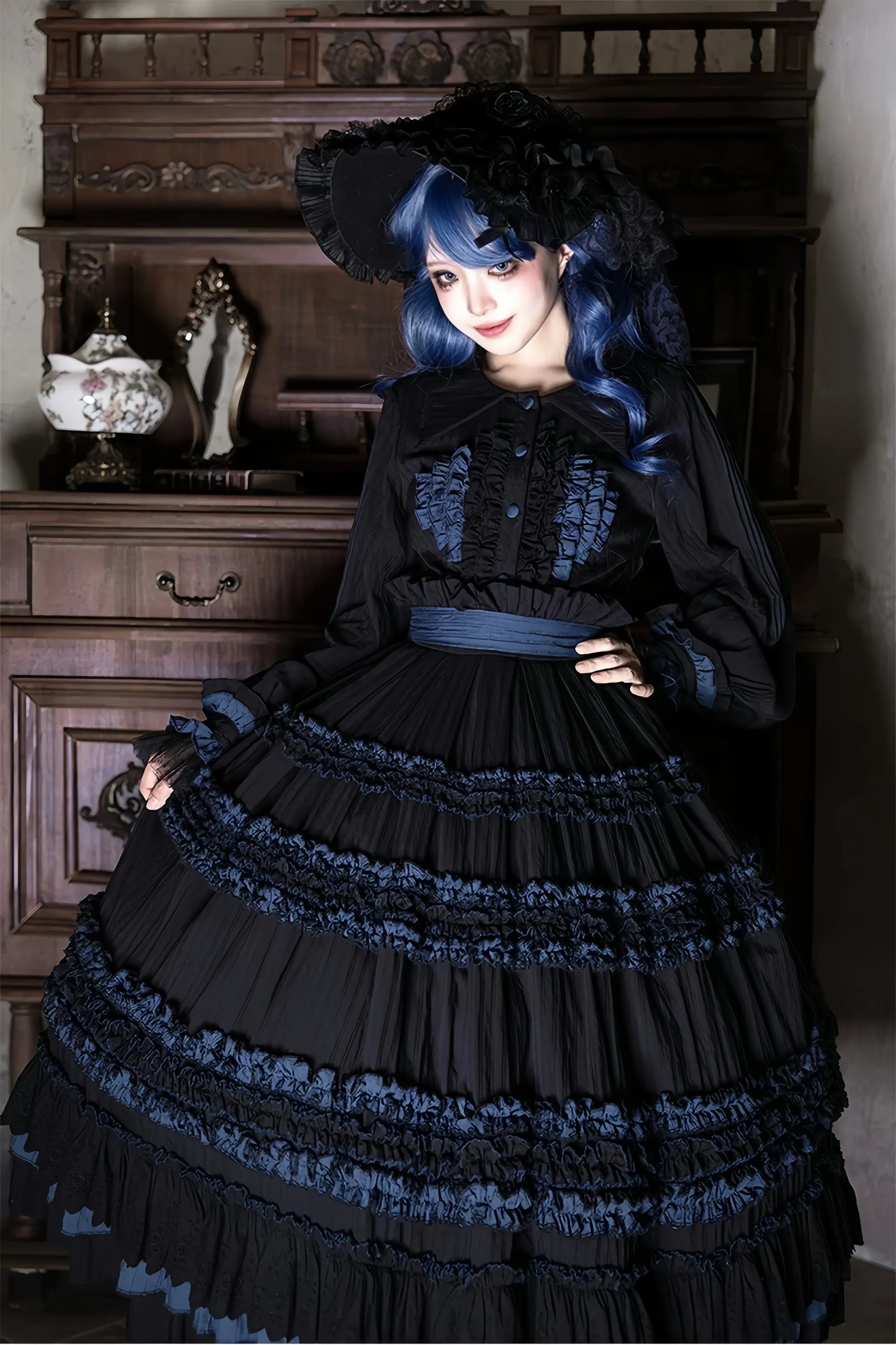 Wings and Bouquet - Dark Classic Lolita Blouse and SK Set, Layered Blue Ruffles