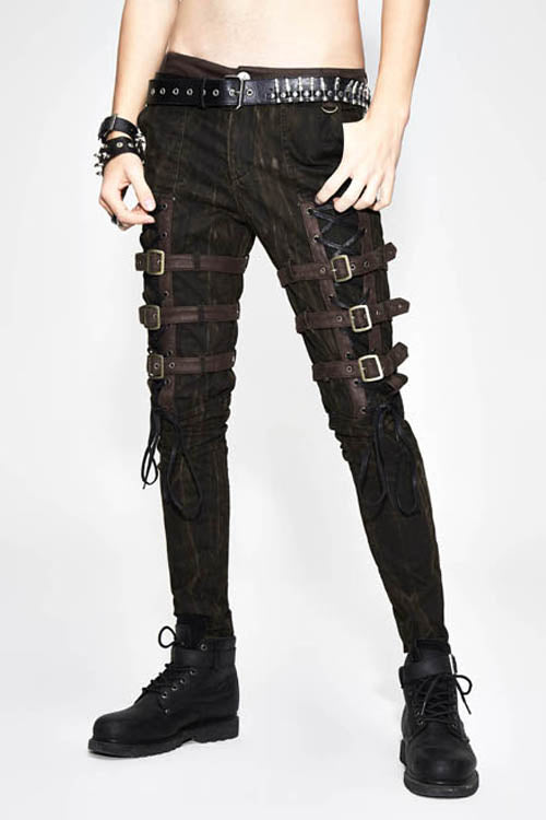 Brown Steampunk Multi Loops Embroider Lace Up Mens Pants
