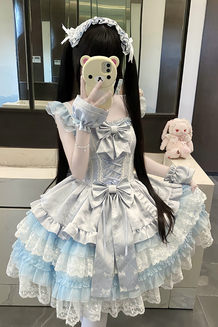 Blue [Misty Mountain Veil] Sleeveless Multi-Layered Ruffled Bow Lace Sweet Princess Ballet Lolita Jsk Dress