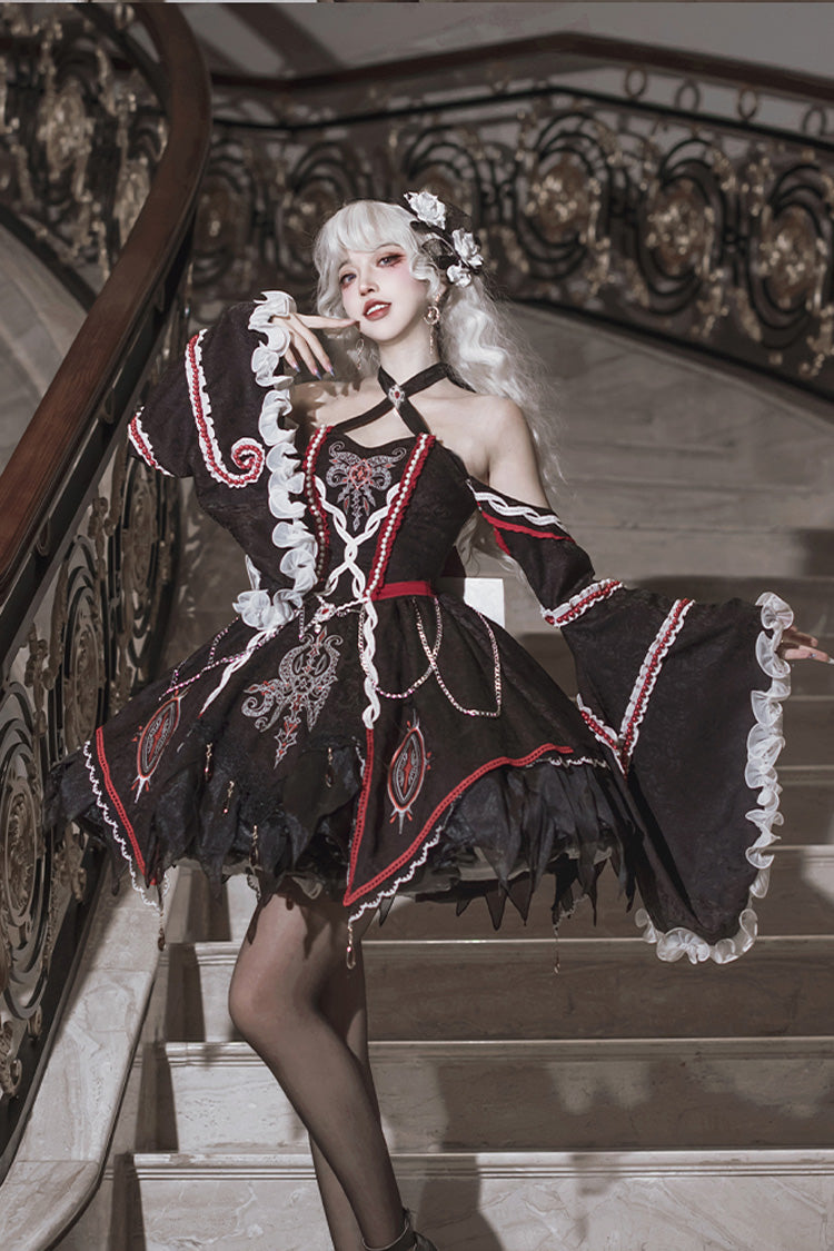 Black [Phantom Devourer] Off Shoulder Long Hime Sleeves Print Embroidery Gothic Lolita Dress
