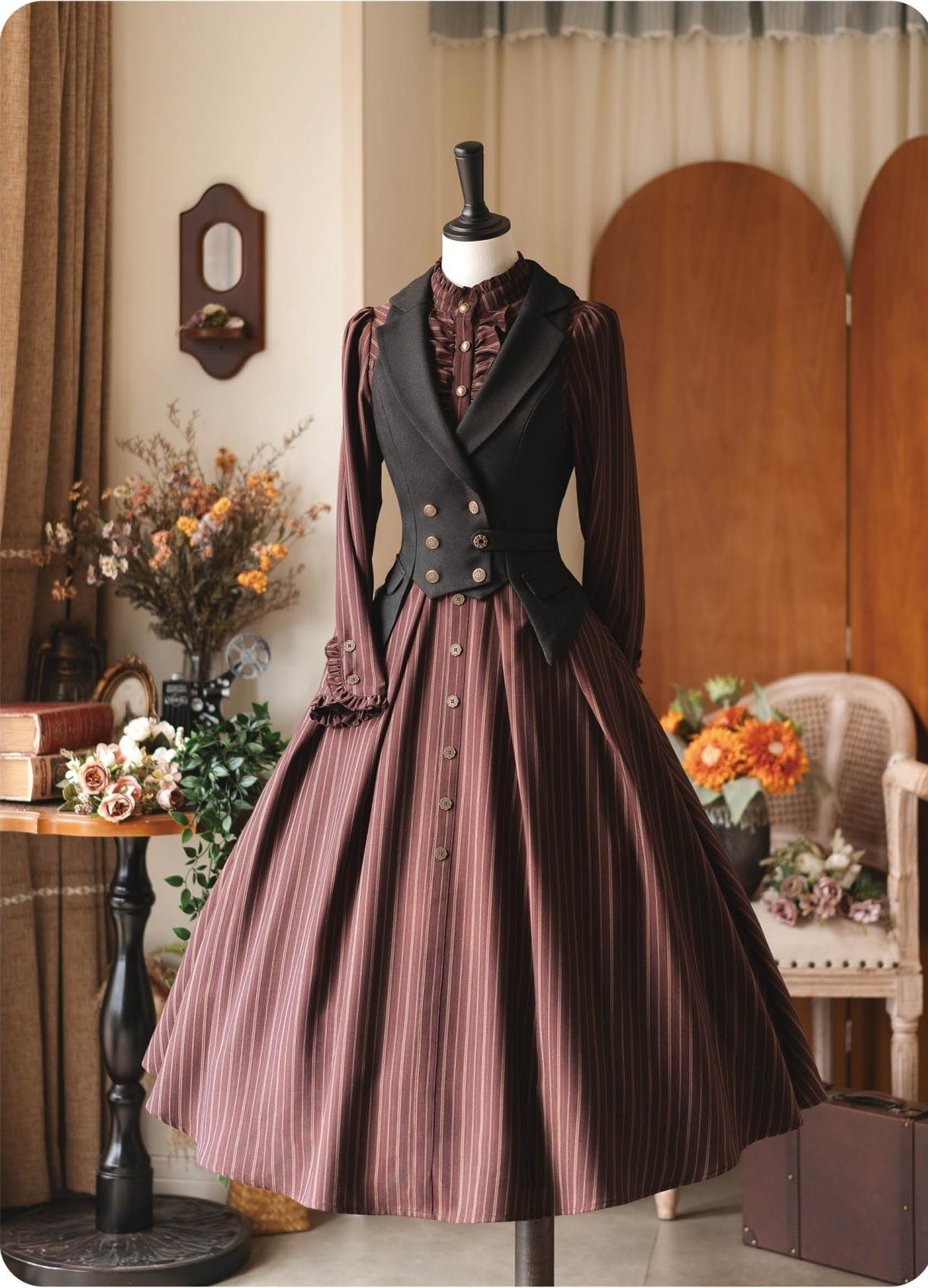 Forest Castle - Classic Lolita Long Striped Dress, Irregular Hem Vest