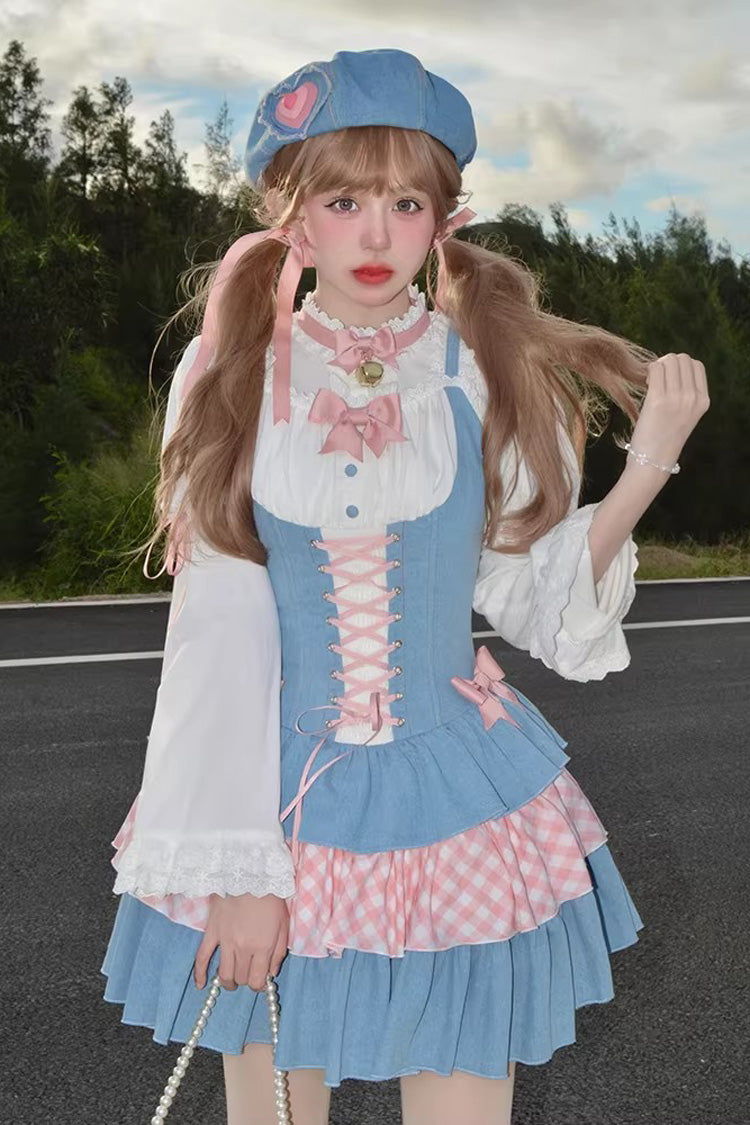 Blue/Pink [Rock Ballet] Printed Triple-Layered Ruffled Bow Lace-Up Sweet Lolita Jsk Dress