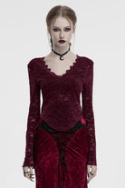 Red V Collar Long Sleeves Lace Sheer Women's Gothic Blouse
