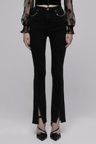 Black Denim Chain Decorated Tight Waist Slit Micro Punk Flared Women's Pants