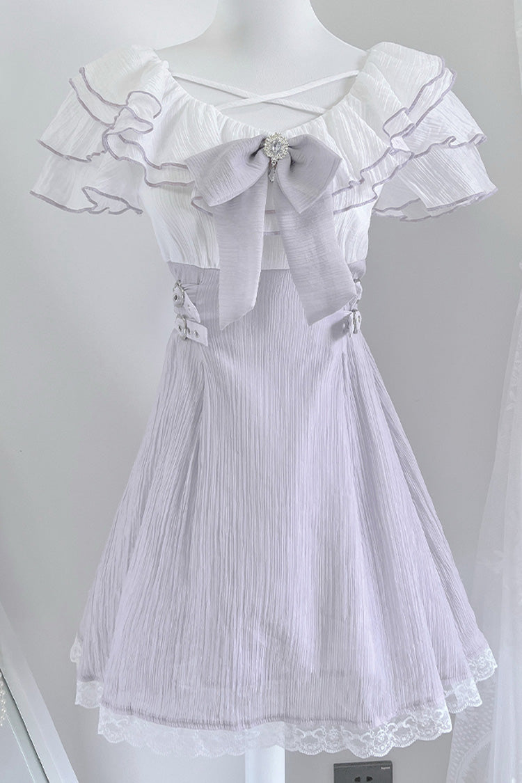 Purple Short Sleeves Ruffle Bowknot Lace Jirai Kei Japanese Dress