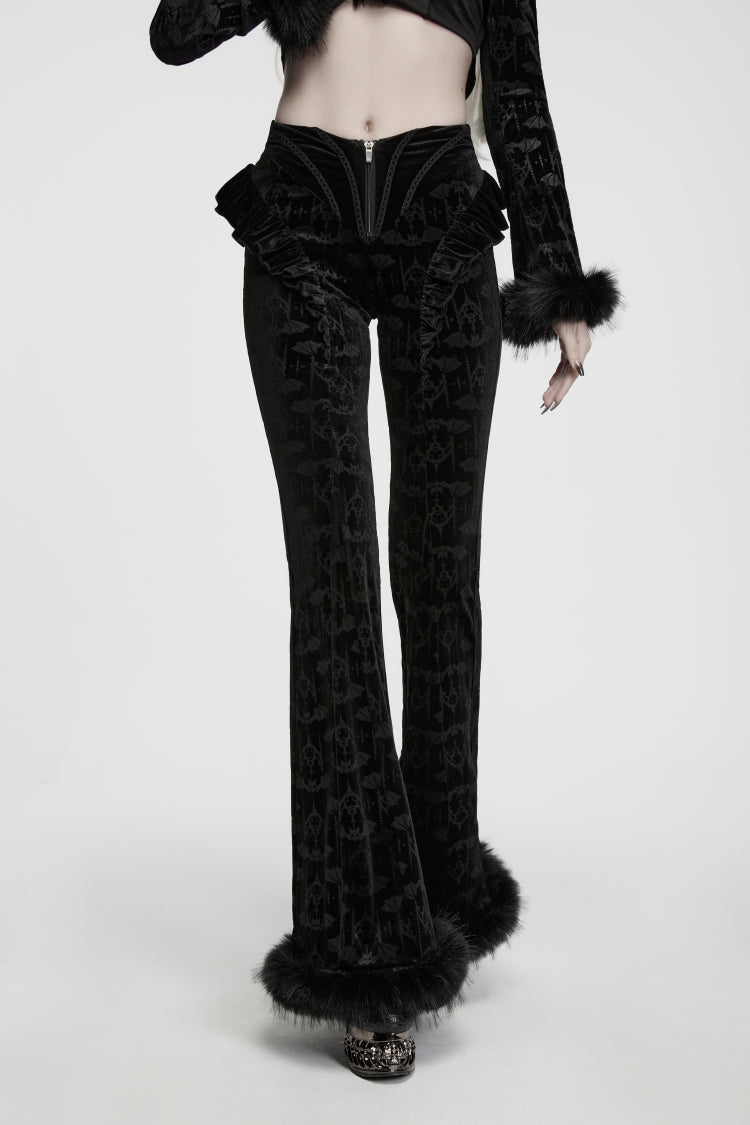 Black Jacquard Ruffled Slim Fit Women's Gothic Flare Pants
