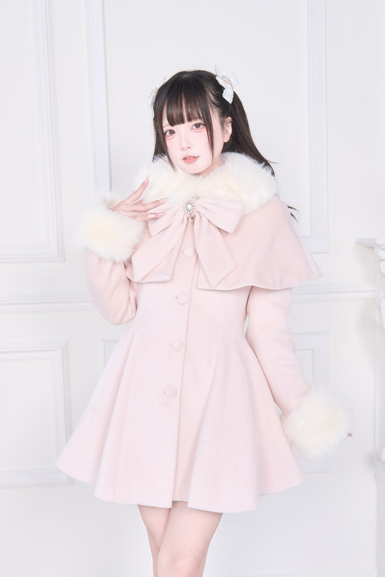 Pink Plush Collar Long Sleeves Bowknot Japanese Sweet Lolita Coat