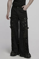 Black Eyelet Ripped Men's Punk Straight Pants