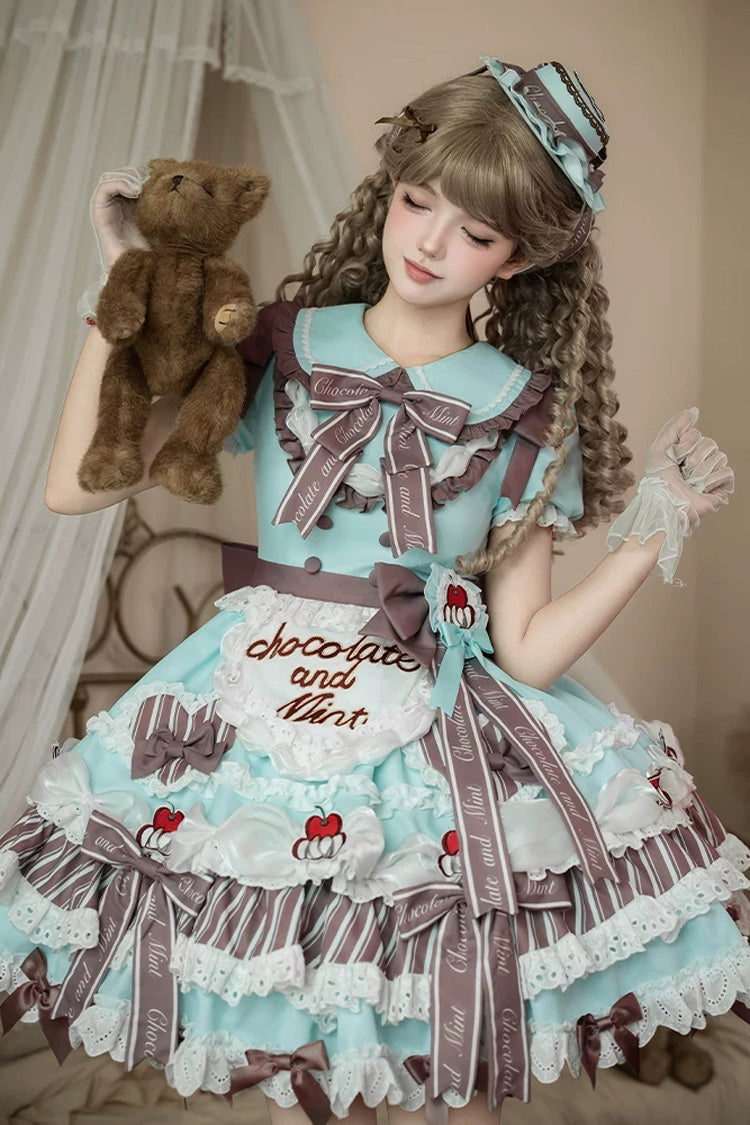 Green [Cherry Mille-Feuille] Lapel Collar Short Sleeves Triple-Layered Printed Ruffled Bow Lace Princess Sweet Lolita Dress