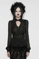 Black V Collar Long Puff Sleeves Embroidery Mesh Women's Gothic Blouse