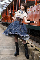 Blue Middle Ages Ruffle Embroidery Bowknot Classic Punk Vintage Lolita Skirt Full Set