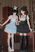 [Silent Summer] Square Collar Halterneck Short Sleeves Multi-Layered Printed Ruffled Classic Cool Lolita Dress Set (Black/Blue 2 Colors)