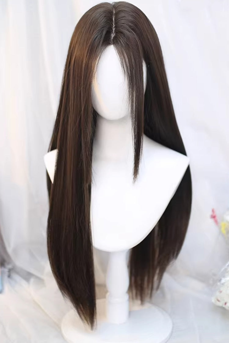 Cool Brown Natural Long Straight Wig with Curtain Bangs Sweet Daily Style