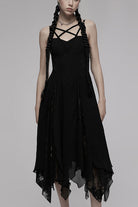 Black Double-Layer Chiffon Lace Irregular Hem Design Sling Decoration Sleeveless Women's Gothic Dress
