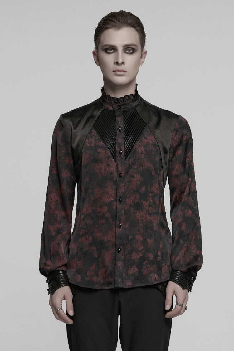 Black/Red Stand Collar Long Sleeves Ruffle Pleated Men's Gothic Blouse