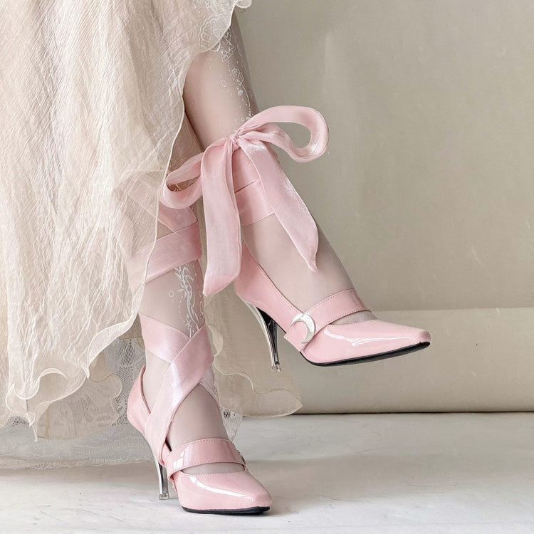 Pink Lace-Up Sweet Elegant Lolita High Heel Shoes