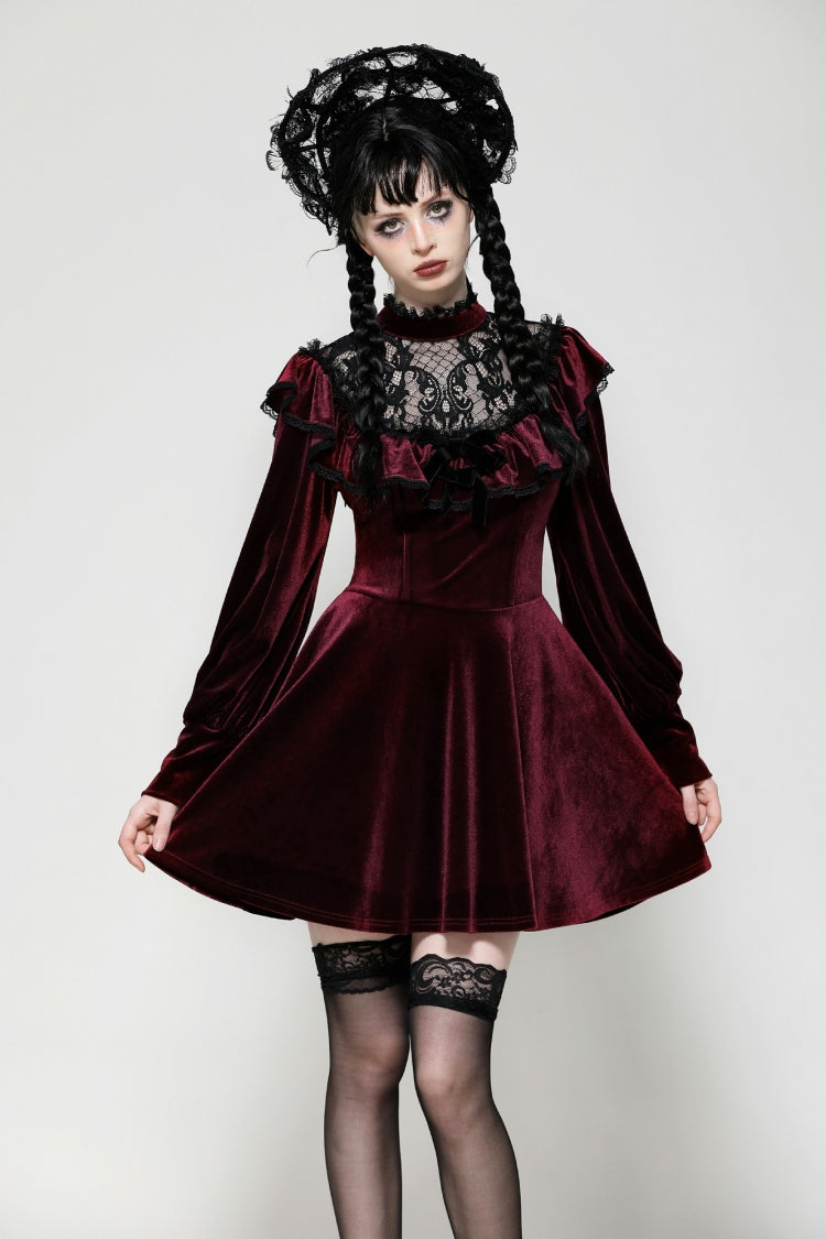 Red Long Sleeves Crochet Velvet Dress Women's Gothic Graduation Dress