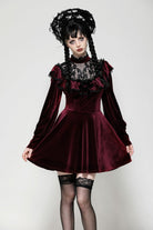 Red Long Sleeves Crochet Velvet Dress Women's Gothic Graduation Dress