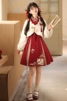Red/White Stand Collar Long Sleeves High Waisted Embroidery Women's Sweet Chinese Style Hanfu Dress Two-piece Set