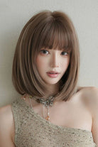 Brown/Beige Highlights Natural Fluffy Age-Reducing Clavicle Bob Sweet Lolita Wig