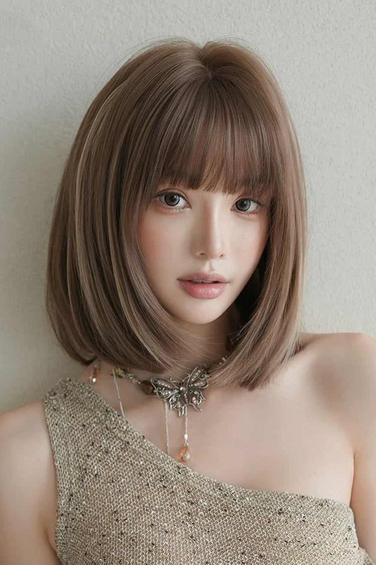 Brown/Beige Highlights Natural Fluffy Age-Reducing Clavicle Bob Sweet Lolita Wig