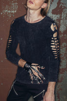 Black Punk Rock Broken Holes Long Sleeves Skull Nail Knitted Mens T-Shirt