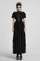 Black Short Sleeves Ruffle Stitching Lace Women's Gothic Layered Ball Gown Dress