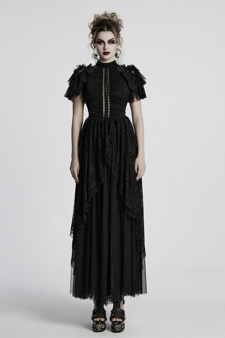 Black Short Sleeves Ruffle Stitching Lace Women's Gothic Layered Ball Gown Dress