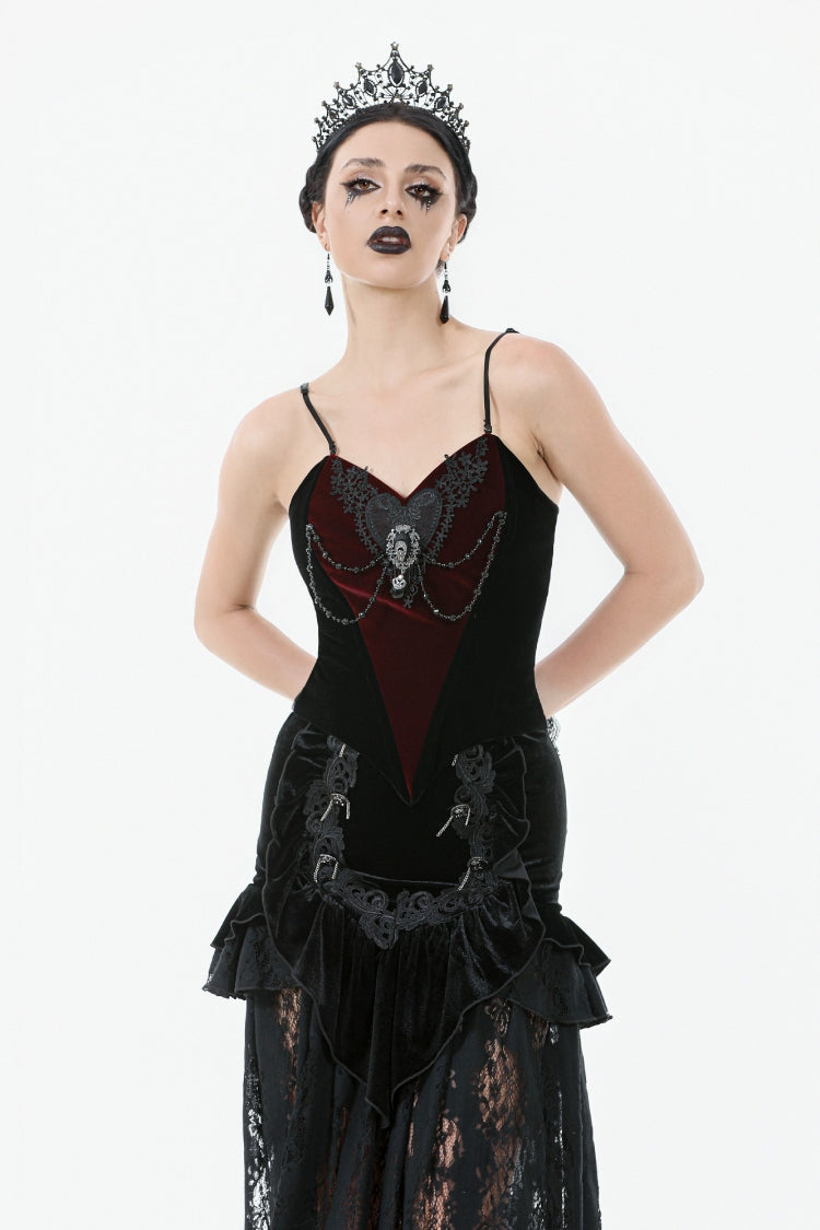 Wine Red/Black Color-Blocked Jewel Chain-Decorated Lace-Up Women's Gothic Velvet Overbust Corset