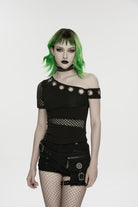Black Off Shoulder Short Sleeves Slim Mesh Asymmetric Eyelet Women's Punk Cool Blouse