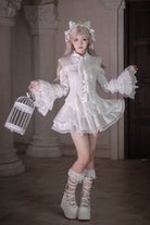 White [Snowy Night Princess] Lapel Collar Long Hime Sleeves Ruffled Bow Lace Gothic Jirai Kei Japanese Skirt Set