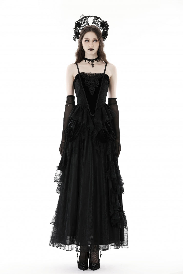 Black Sleeveless Floral Embroidered Velvet Women's Gothic Corset