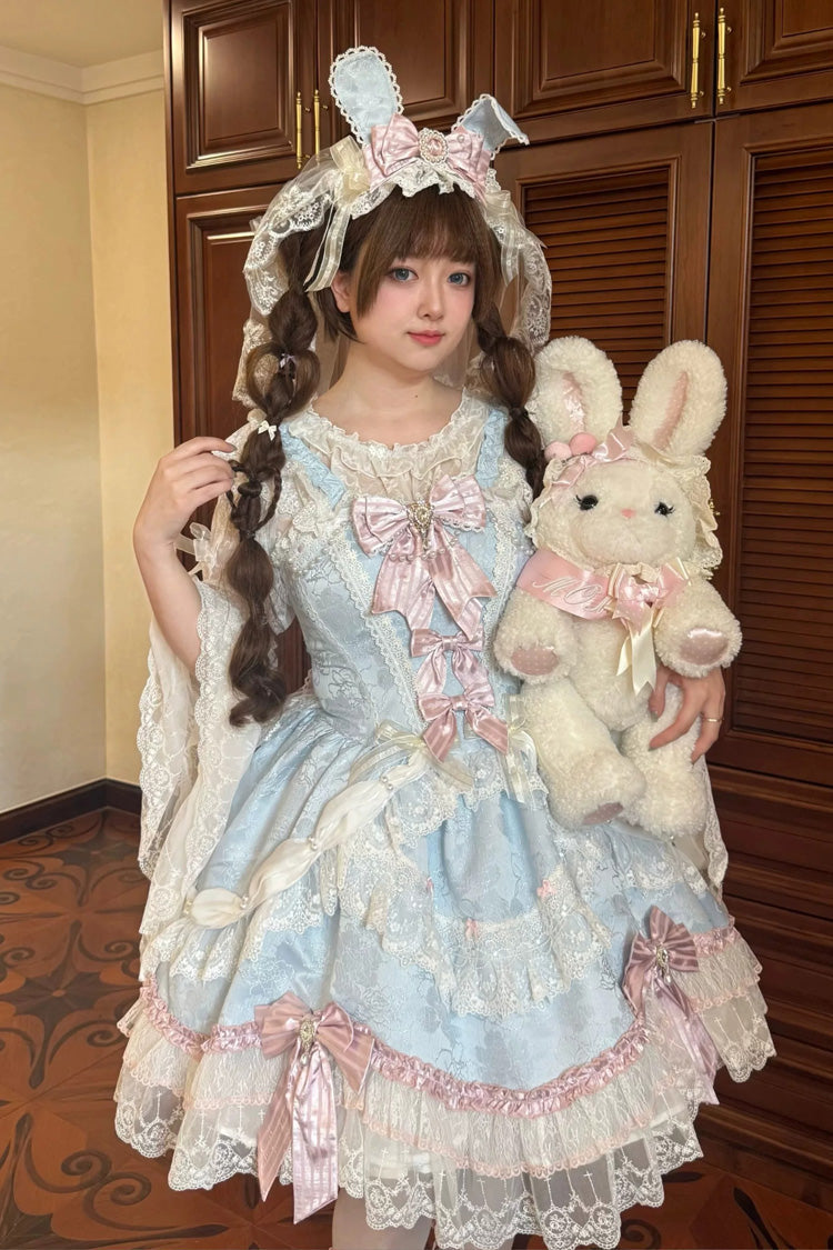 Blue/Pink [Prelude of Ribbons] Square Collar Sleeveless Jacquard Ruffled Open-Front Bow Lace Pearl Detail Floral Wall Plus Size Sweet Lolita Jsk Dress