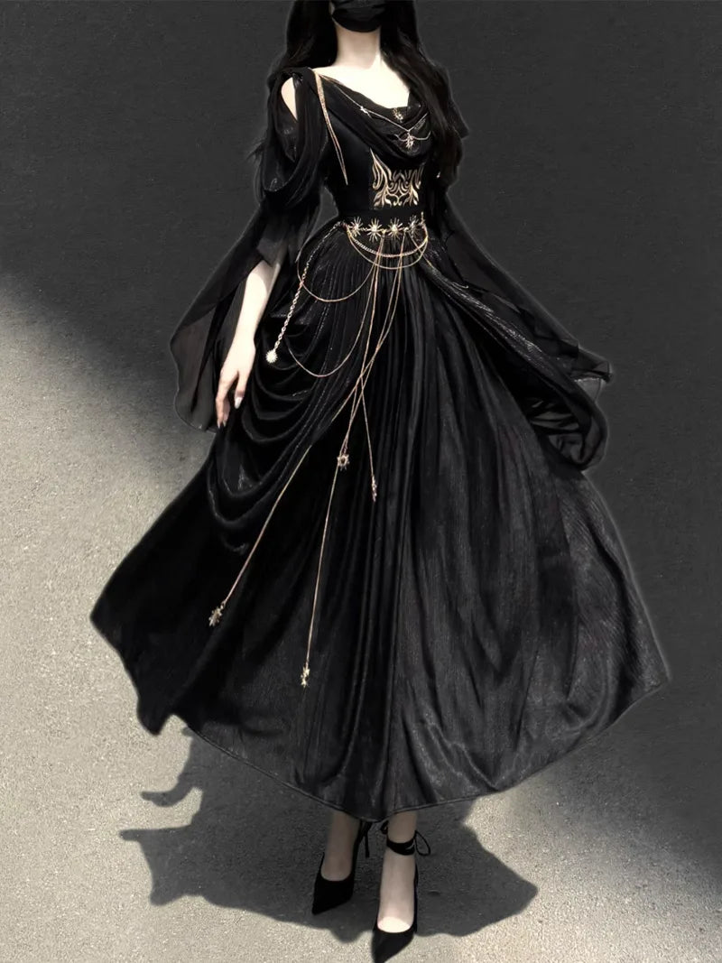 Elegant gothic Lolita long dress with vintage dark tone, perfect for autumn and Halloween fashion styling
