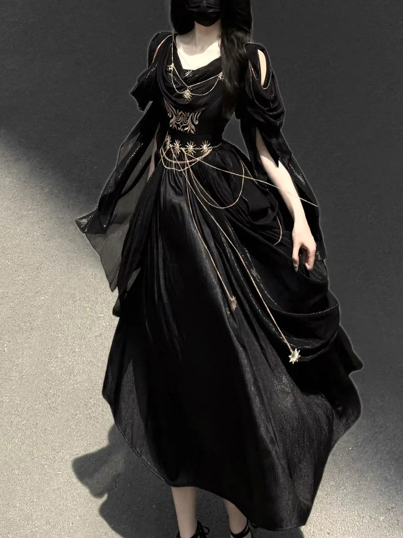 Elegant gothic Lolita long dress with vintage dark tone, perfect for autumn and Halloween fashion styling