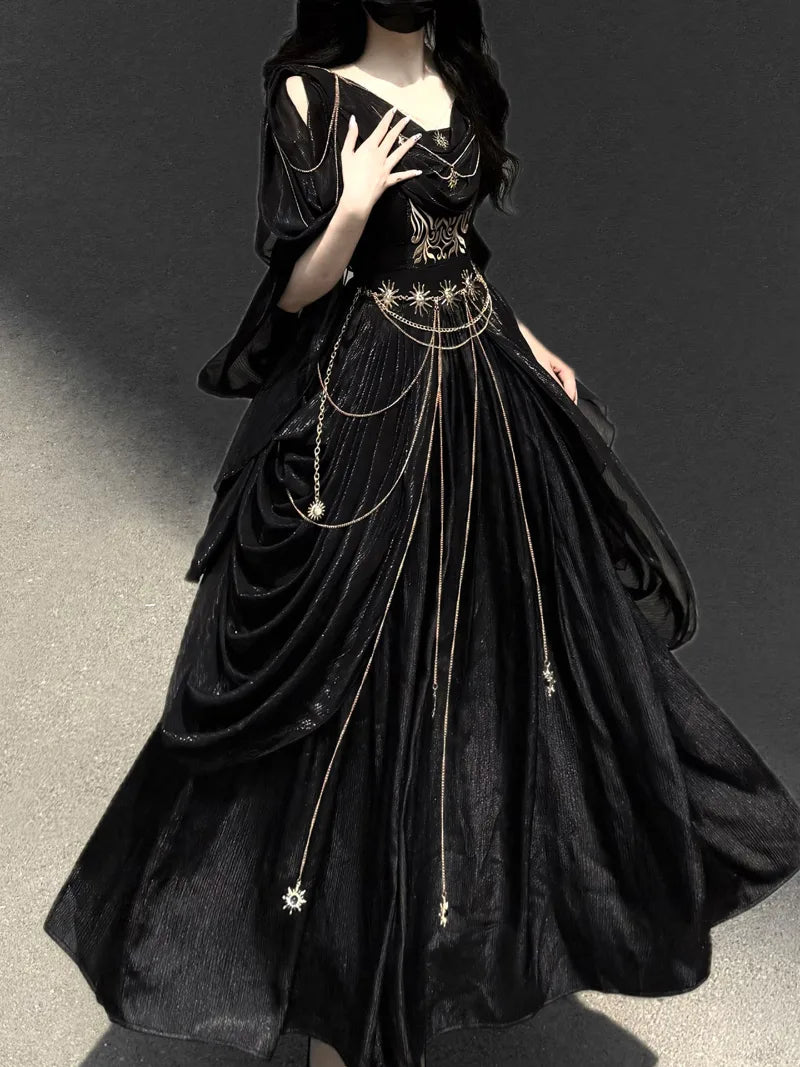 Elegant gothic Lolita long dress with vintage dark tone, perfect for autumn and Halloween fashion styling