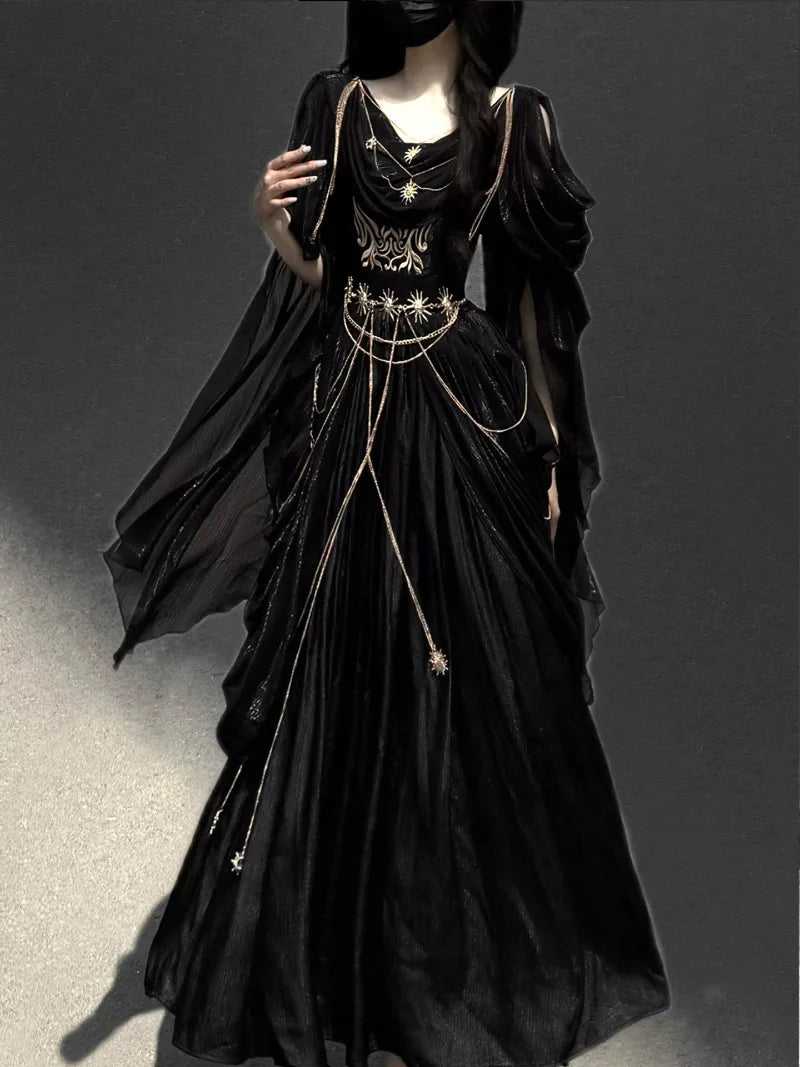 Elegant gothic Lolita long dress with vintage dark tone, perfect for autumn and Halloween fashion styling