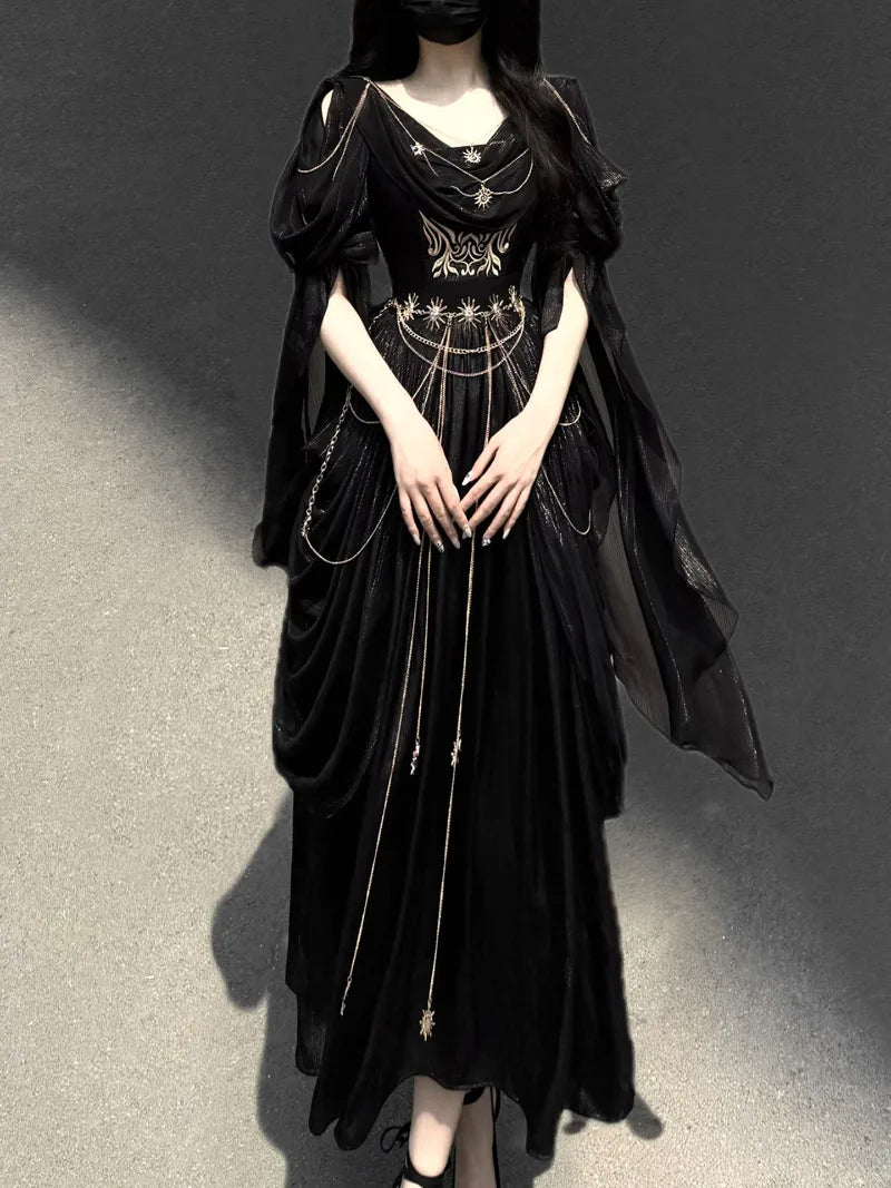 Elegant gothic Lolita long dress with vintage dark tone, perfect for autumn and Halloween fashion styling