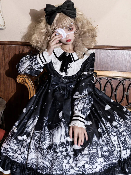 Elegant Gothic Lolita Long Sleeve OP Dress | Castle Night Style