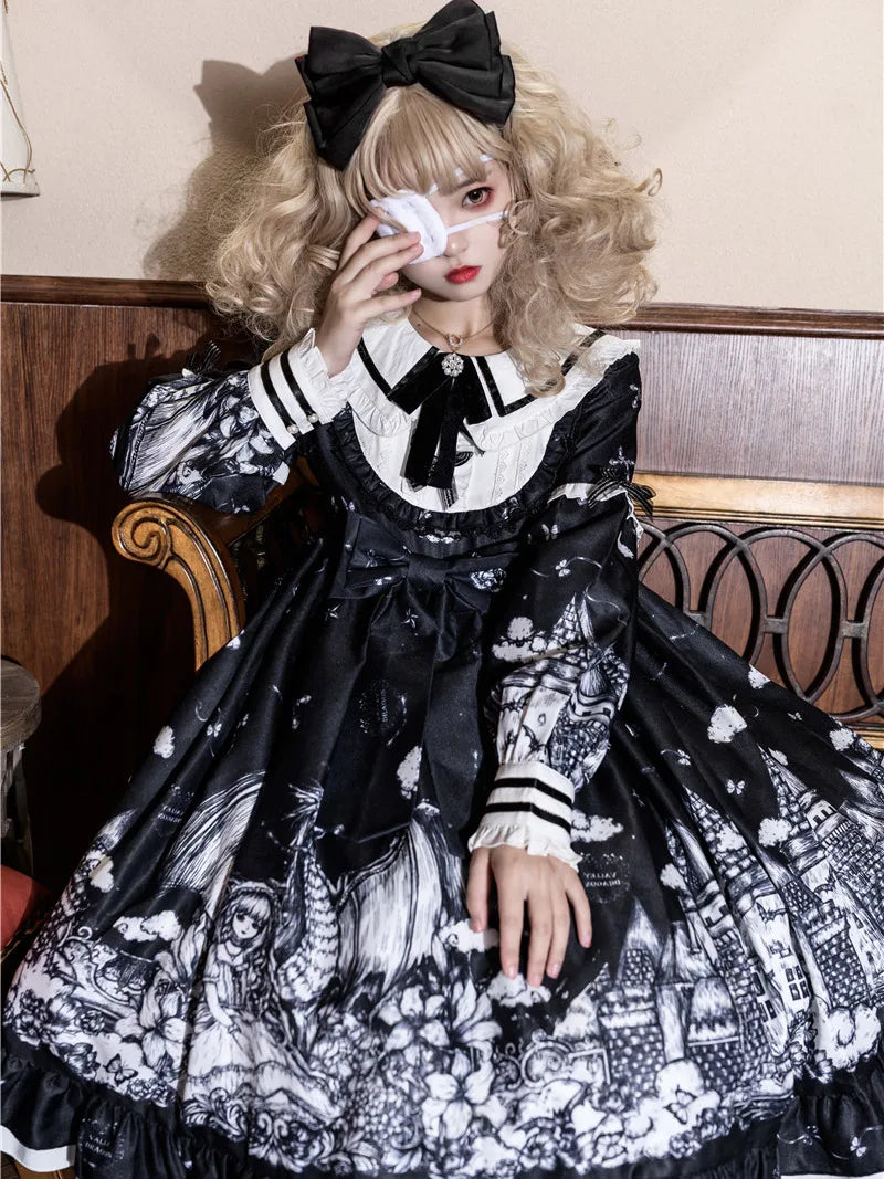 Elegant Gothic Lolita long-sleeve OP dress with castle-night design and dramatic skirt style