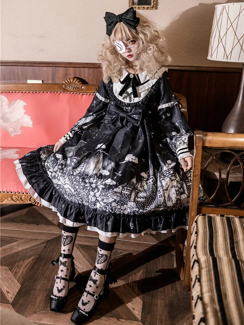 Elegant Gothic Lolita long-sleeve OP dress with castle-night design and dramatic skirt style