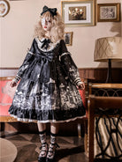 Elegant Gothic Lolita long-sleeve OP dress with castle-night design and dramatic skirt style