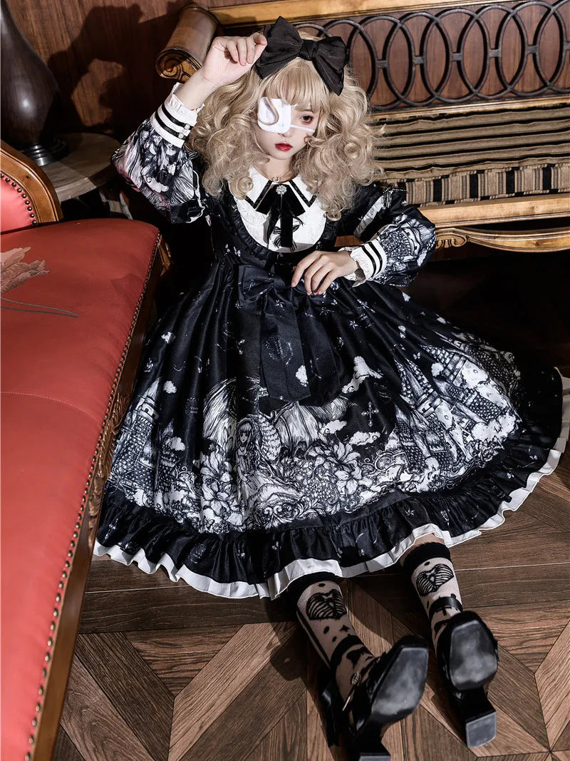 Elegant Gothic Lolita long-sleeve OP dress with castle-night design and dramatic skirt style