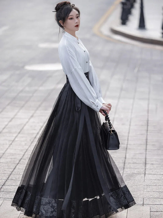Embroidery Black Long Dress Chinese Modern Hanfu