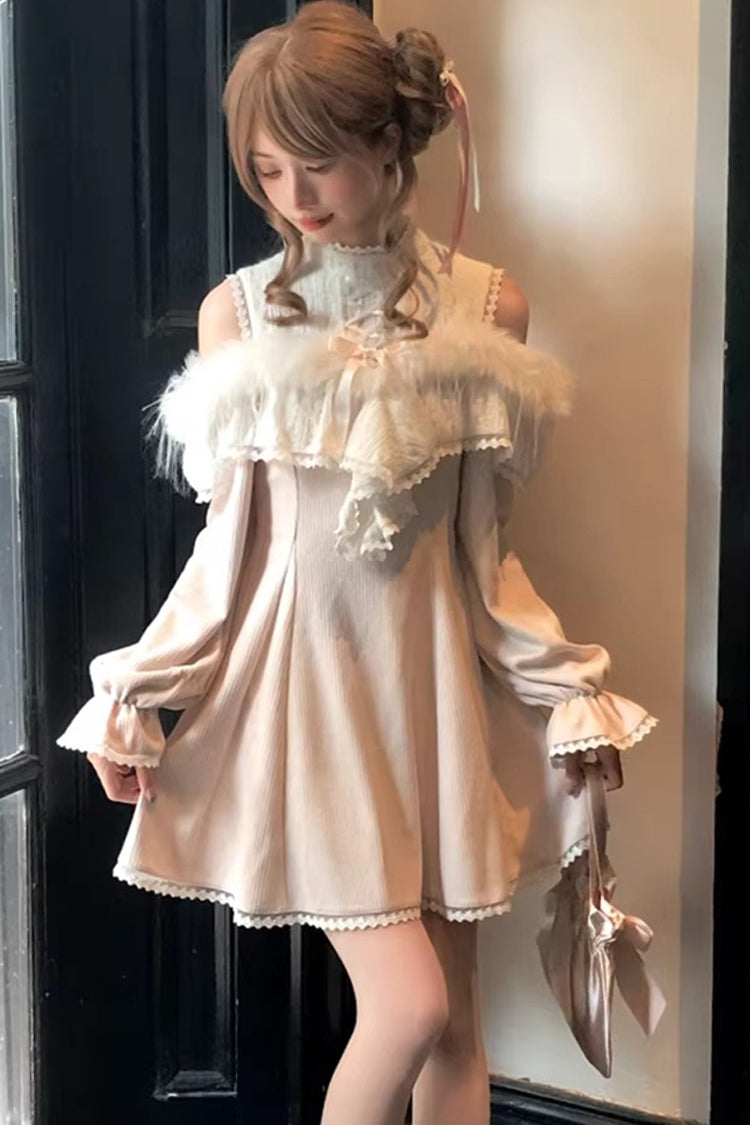 Pink [Little Love Song] Stand Collar Off Shoulder Long Sleeves Lace Sweet Japanese Elegant Lolita Dress