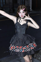 Black [Cherry] Sleeveless Triple-Layered Print Ruffle Bowknot Denim Sweet Japanese Vintage Lolita Jsk Dress