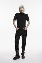 Black Spliced Slim Mesh Buckled Men's Punk Cool Pants